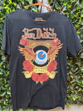 Von Dutch Black Tee with Winged Eyeball, Red Roses and Gold Accents